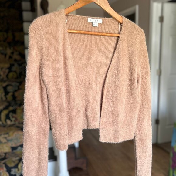 HYFVE Tan Teddy Bear Knit Fuzzy Open Cardigan Cropped Sweater Womens Size Large - Picture 8 of 8